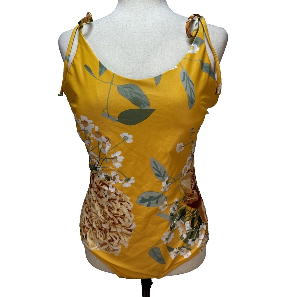 Albion Fit The Natalie One‎ Piece Swimsuit Size XL Yellow Floral Tie Shoulder